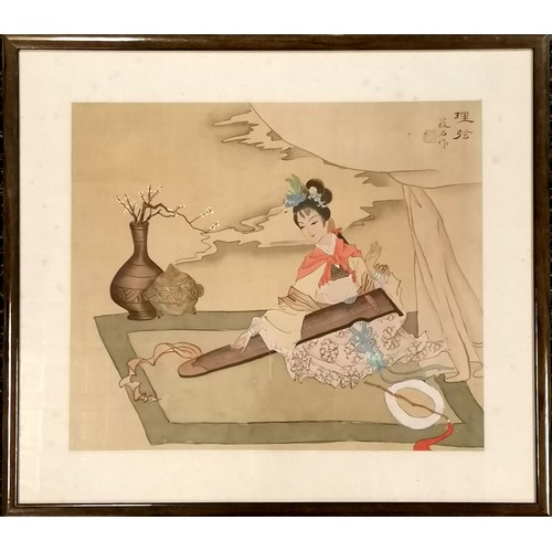 57 - Hand painted Chinese picture on silk of a seated lady playing a musical instrument - frame 48.5cm x ... 