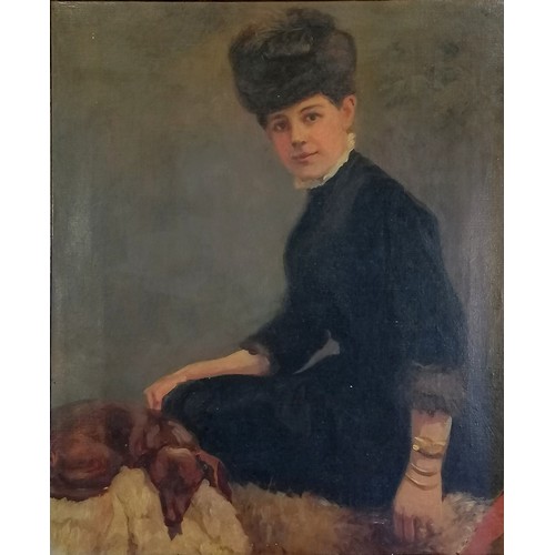 60 - c.1900 oil on canvas painting of a continental lady with a dog - frame 80cm x 70cm ~ original frame ... 