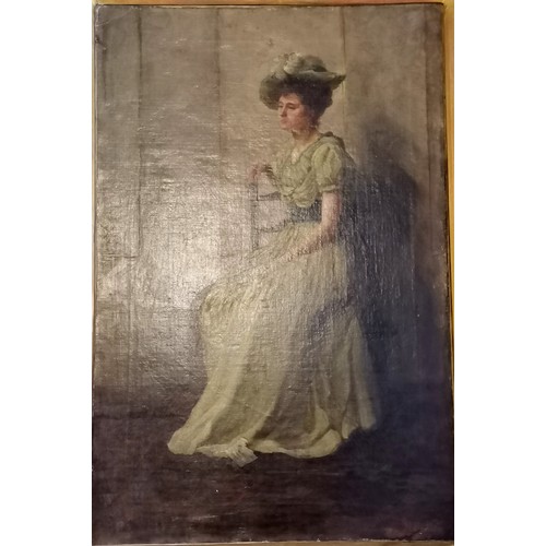 61 - Large oil on canvas painting of a seated lady (self portrait?) by Harriet Staite - frame 116cm x 85c... 