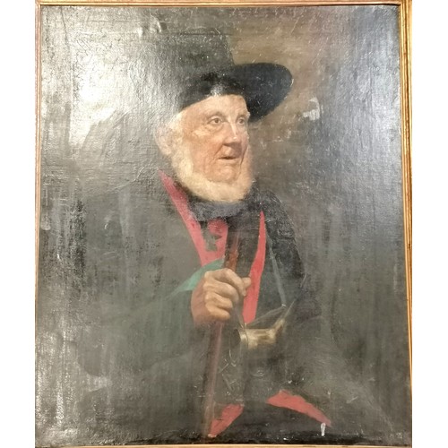 62 - Oil on canvas painting of a gentleman holding a staff - gilt gesso frame 91cm x 77cm