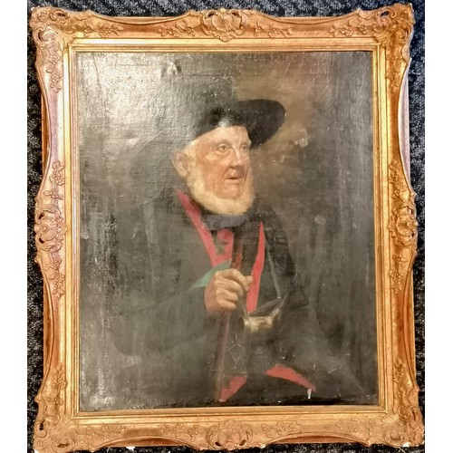 62 - Oil on canvas painting of a gentleman holding a staff - gilt gesso frame 91cm x 77cm