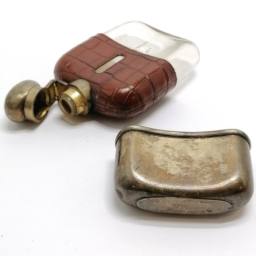 64 - Antique silver plated hip flask with crocodile leather detail - 12cm high and has obvious wear / den... 