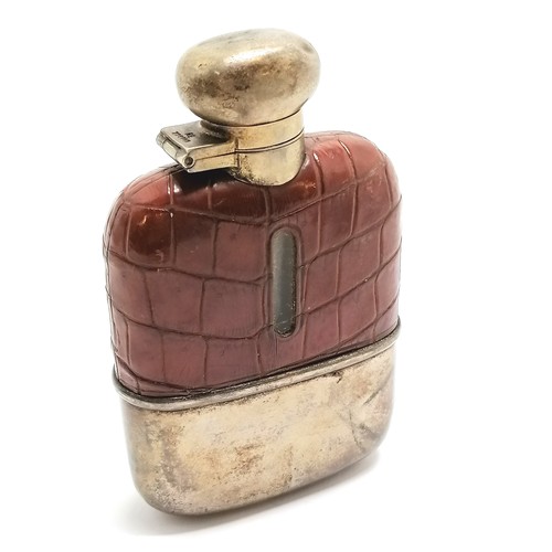 64 - Antique silver plated hip flask with crocodile leather detail - 12cm high and has obvious wear / den... 