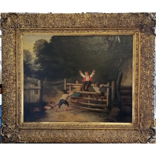 65 - Antique original oil painting on canvas of boys + gate after / in the school of 'As happy as a king'... 