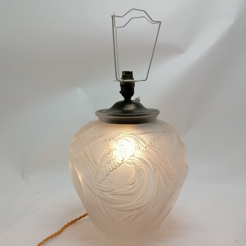 67 - Opalescent glass lamp base decorated with birds of paradise with a Downton Abbey crown lampshade - t... 