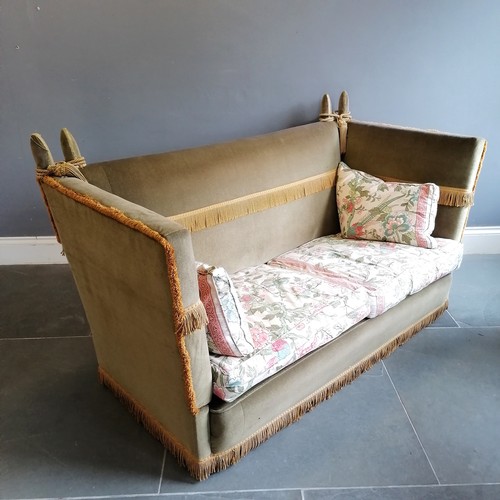 72 - Knowle 2 seater settee with drop ends, upholstered in a green plush, with Jane Churchill floral and ... 