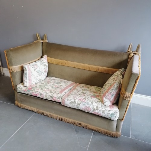 72 - Knowle 2 seater settee with drop ends, upholstered in a green plush, with Jane Churchill floral and ... 