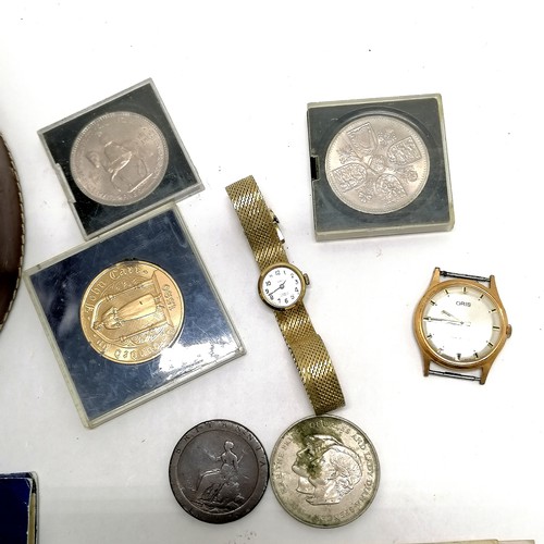 73 - Qty of oddments inc banknotes, coins (inc 1797 cartwheel penny) & 2 watches (Oris & Delvina) in a vi... 