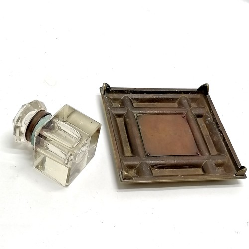 77 - Antique brass square inkstand with original glass inkwell ~ 13cm square and lid a/f and slight nibbl... 