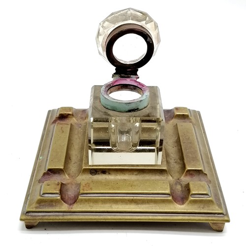 77 - Antique brass square inkstand with original glass inkwell ~ 13cm square and lid a/f and slight nibbl... 