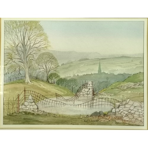 83 - 3 x framed mixed media paintings of landscapes inc Stobo kirk & Dewpond in the peak by Frank Ellerto... 