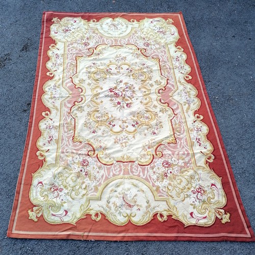 98 - Large Belgian terracotta and cream tapestry rug 172cm x 266cm - in overall good condition