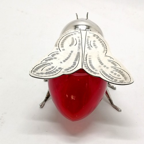 102 - Italian novelty silver plated bee honeypot with red glass body and hinged winged lid ~ purchased by ... 