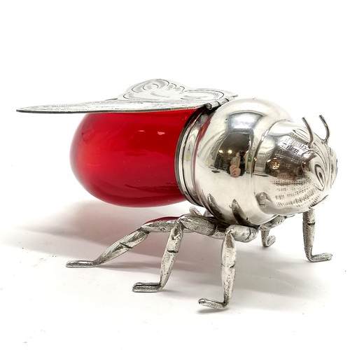 102 - Italian novelty silver plated bee honeypot with red glass body and hinged winged lid ~ purchased by ... 