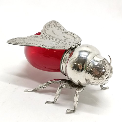 102 - Italian novelty silver plated bee honeypot with red glass body and hinged winged lid ~ purchased by ... 