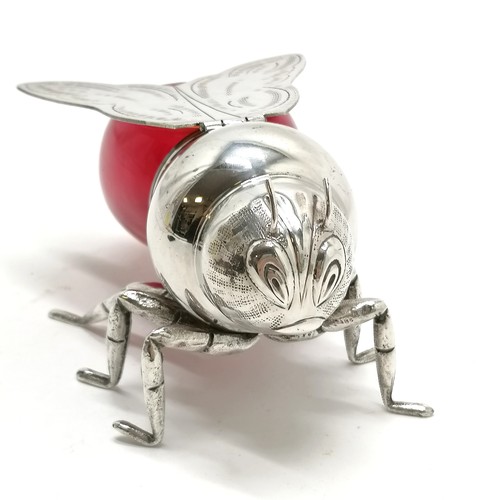 102 - Italian novelty silver plated bee honeypot with red glass body and hinged winged lid ~ purchased by ... 