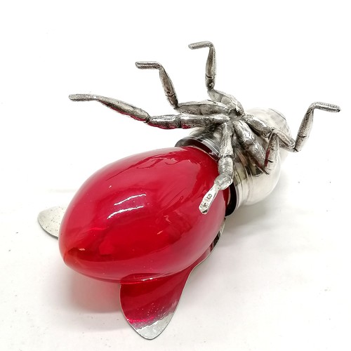 102 - Italian novelty silver plated bee honeypot with red glass body and hinged winged lid ~ purchased by ... 