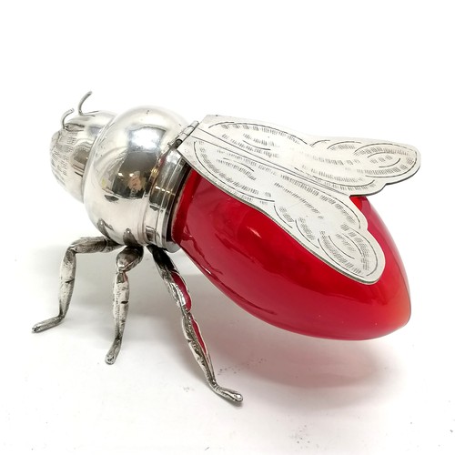 102 - Italian novelty silver plated bee honeypot with red glass body and hinged winged lid ~ purchased by ... 