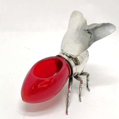 102 - Italian novelty silver plated bee honeypot with red glass body and hinged winged lid ~ purchased by ... 