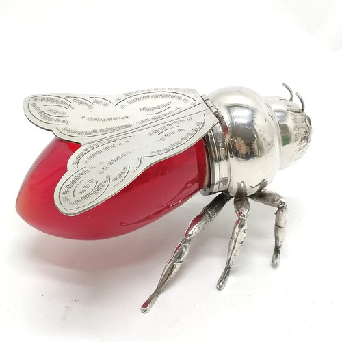 102 - Italian novelty silver plated bee honeypot with red glass body and hinged winged lid ~ purchased by ... 