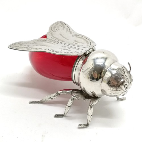 102 - Italian novelty silver plated bee honeypot with red glass body and hinged winged lid ~ purchased by ... 