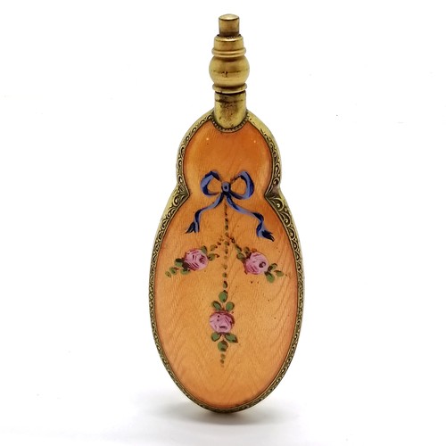 106 - Antique Continental perfume flask with sprung screw on lid and orange guilloche enamel body - 8cm & ... 