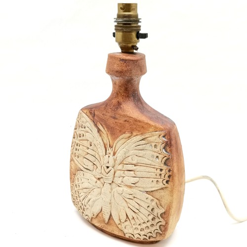 113 - Tremar pottery lamp with butterfly detail to panels - 30cm high with no obvious damage