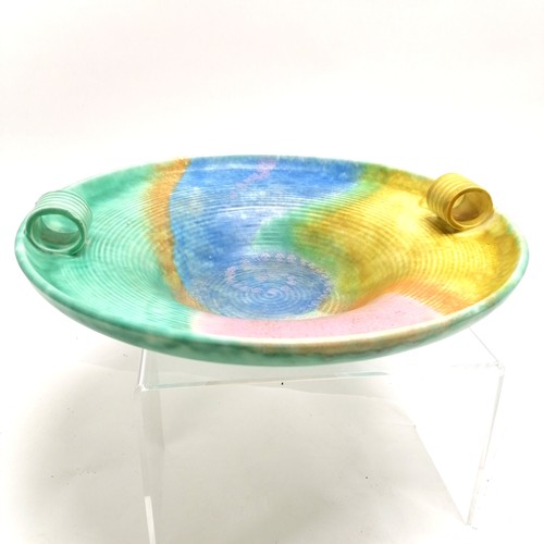 114 - Beswick Art Deco bowl with stylised tag handles and multi-coloured swirl detail  - 30cm diameter wit... 