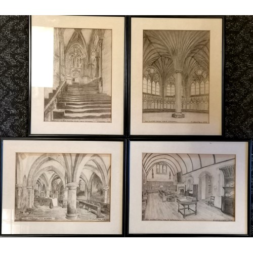 126 - 4 x 1975 Wells cathedral pencil sketches by S Wrightson - frames 37cm x 29cm