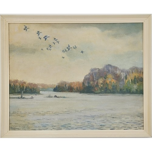 129 - 2 x paintings inc lake scene by Orval Clinton Madden (1892-1971) t/w framed print by Keith Shackleto... 