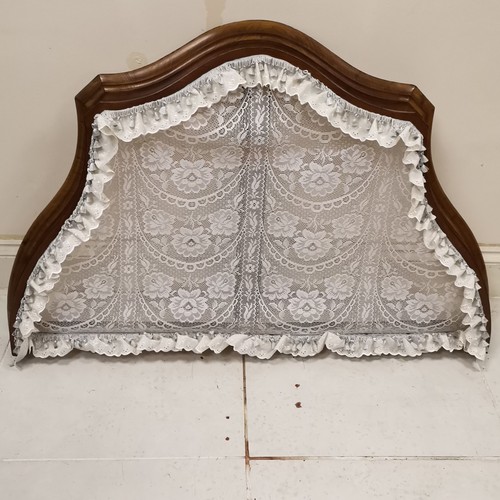 130 - Antique French walnut bed Corona, with lace panel, 129 cm at widest point, 81 cm deep at widest poin... 