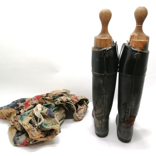 142 - Pair of vintage black leather riding boots with original wooden trees by W Taylor Great Portland Str... 