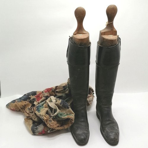 142 - Pair of vintage black leather riding boots with original wooden trees by W Taylor Great Portland Str... 