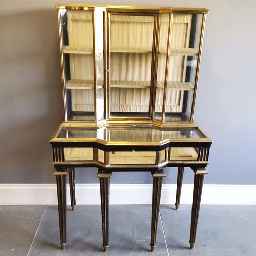 143 - Antique Continental Bijouterie cabinet, in ebonised wood with brass veneer detailing, The top sectio... 