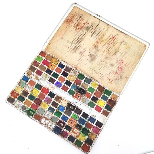 153 - Vintage water colour paint box (tin) 35cm x 24cm t/w leather cased playing card set & hand wrought c... 