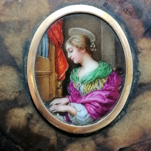 163 - Antique ciricular box with hand painted porcelain panel depicting a female saint playing a church or... 