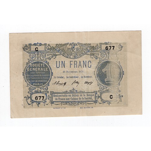 177 - 1871 France 1 franc banknote - has 2 small pinholes + fold in centre