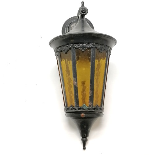 179 - Exterior electric wall lantern with black paint finish & amber coloured glass panels - 50cm total dr... 