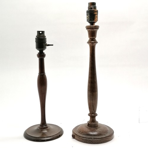 180 - 2 x vintage oak table lamps - tallest 44cm ~ both need rewiring and both in used condition