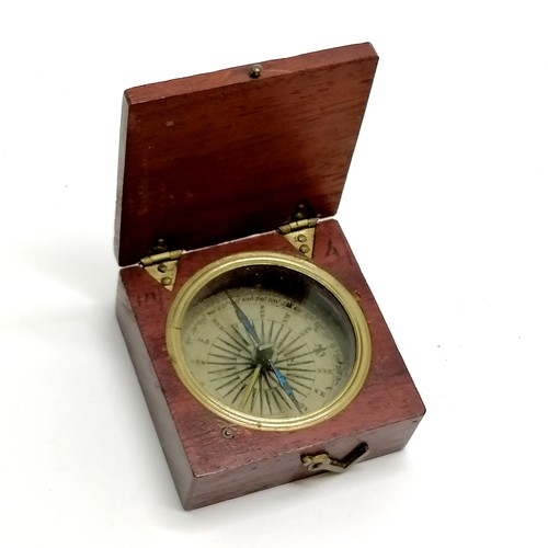 188 - Mahogany & brass hinged lidded compass with paper dial & blue steeled needle (5cm square) t/w circul... 