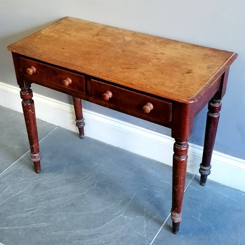 189 - Victorian mahogany side table with 2 short frieze drawers on turned supports, heavily water stained ... 