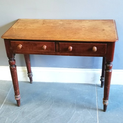 189 - Victorian mahogany side table with 2 short frieze drawers on turned supports, heavily water stained ... 