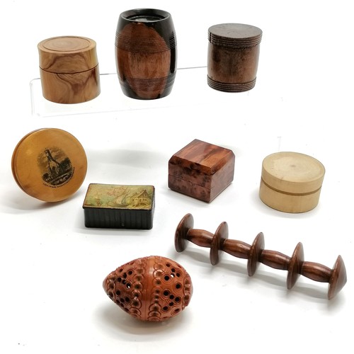 197 - Qty of mostly treen boxes inc lignum vitae barrel shaped, carved coquilla nut egg, papier mache snuf... 