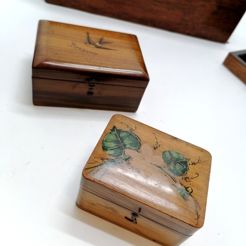 199 - 7 x antique wooden boxes inc olive wood swallow decorated, domed money box (lacks 1 brass mount), la... 