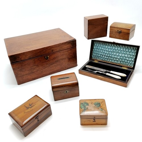 199 - 7 x antique wooden boxes inc olive wood swallow decorated, domed money box (lacks 1 brass mount), la... 