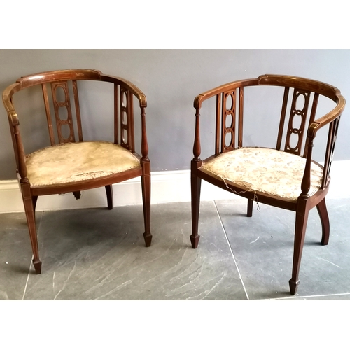 208 - Pair of Edwardian mahogany and string inlay bow back chairs, good used condition in need of reuphols... 