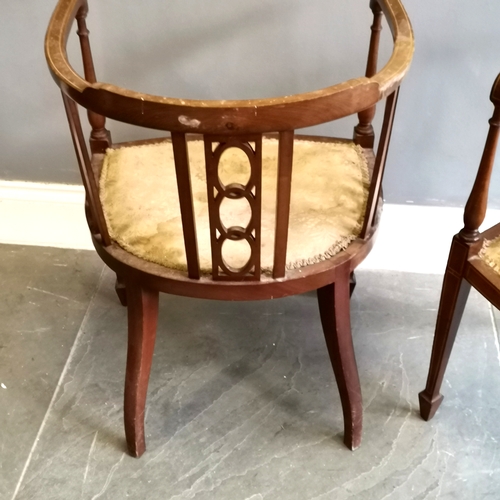 208 - Pair of Edwardian mahogany and string inlay bow back chairs, good used condition in need of reuphols... 