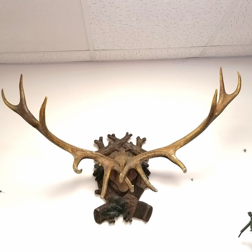 228 - Set of mounted 12 point antlers on a Black forest carved and painted shield 75cm wide x 100cm high