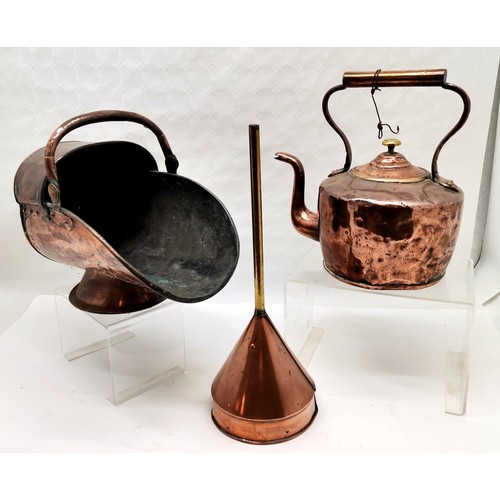 229 - Antique copper coal Scuttle, warming pan, copper kettle, long handled scoop and funel.