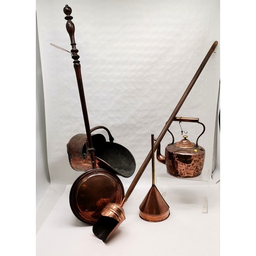 229 - Antique copper coal Scuttle, warming pan, copper kettle, long handled scoop and funel.